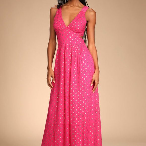 NEW Lulus Magenta Pink Sleeveless Polka Dot Cutout Maxi Tiered Dress Size Medium - Picture 6 of 11